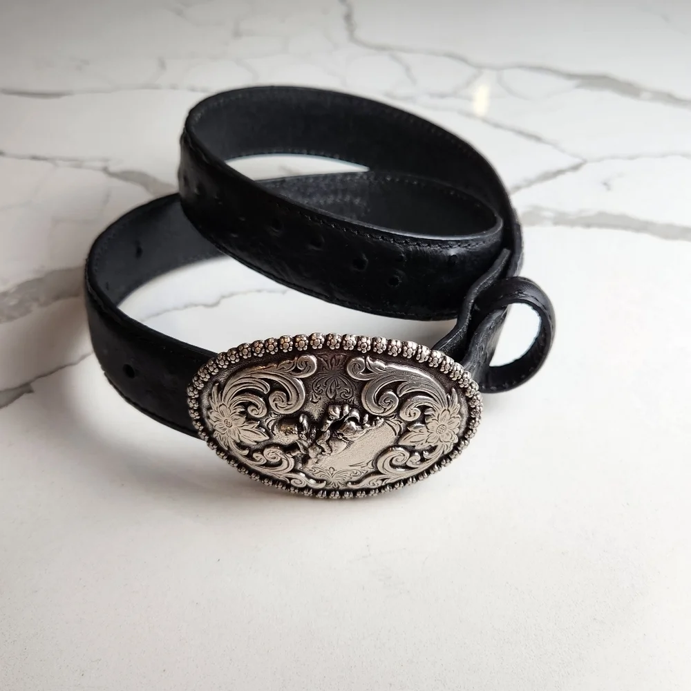 NOCONA BELT COMPANY BLACK LEATHER OSTRICH PRINT 100% LEATHER BELT SIZE 26